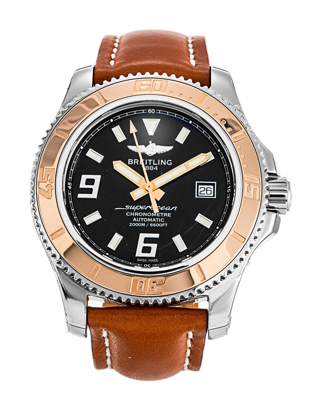 Breitling SuperOcean Black Dial Brown Leather Strap watch 0