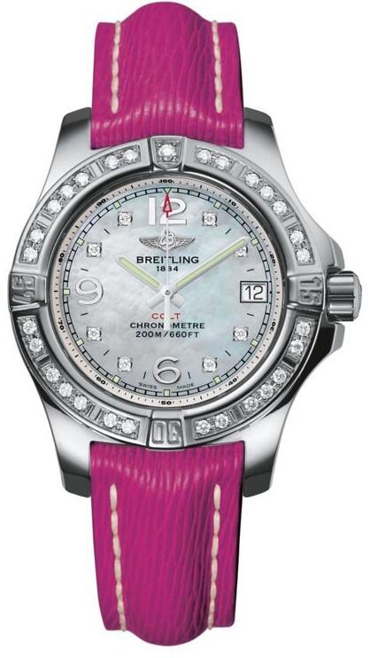 Showy Breitling fake watches present rose red straps for ladies.