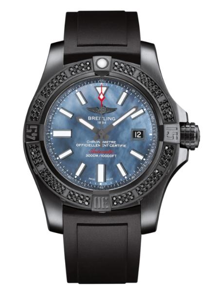 The black steel fake watches have blue mother-of-pearl dials.