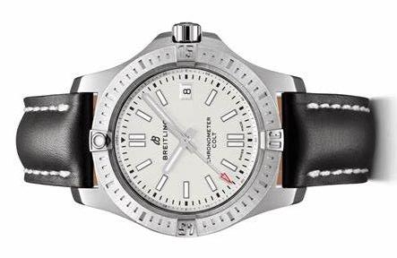 The white dial fake watch has a black strap.