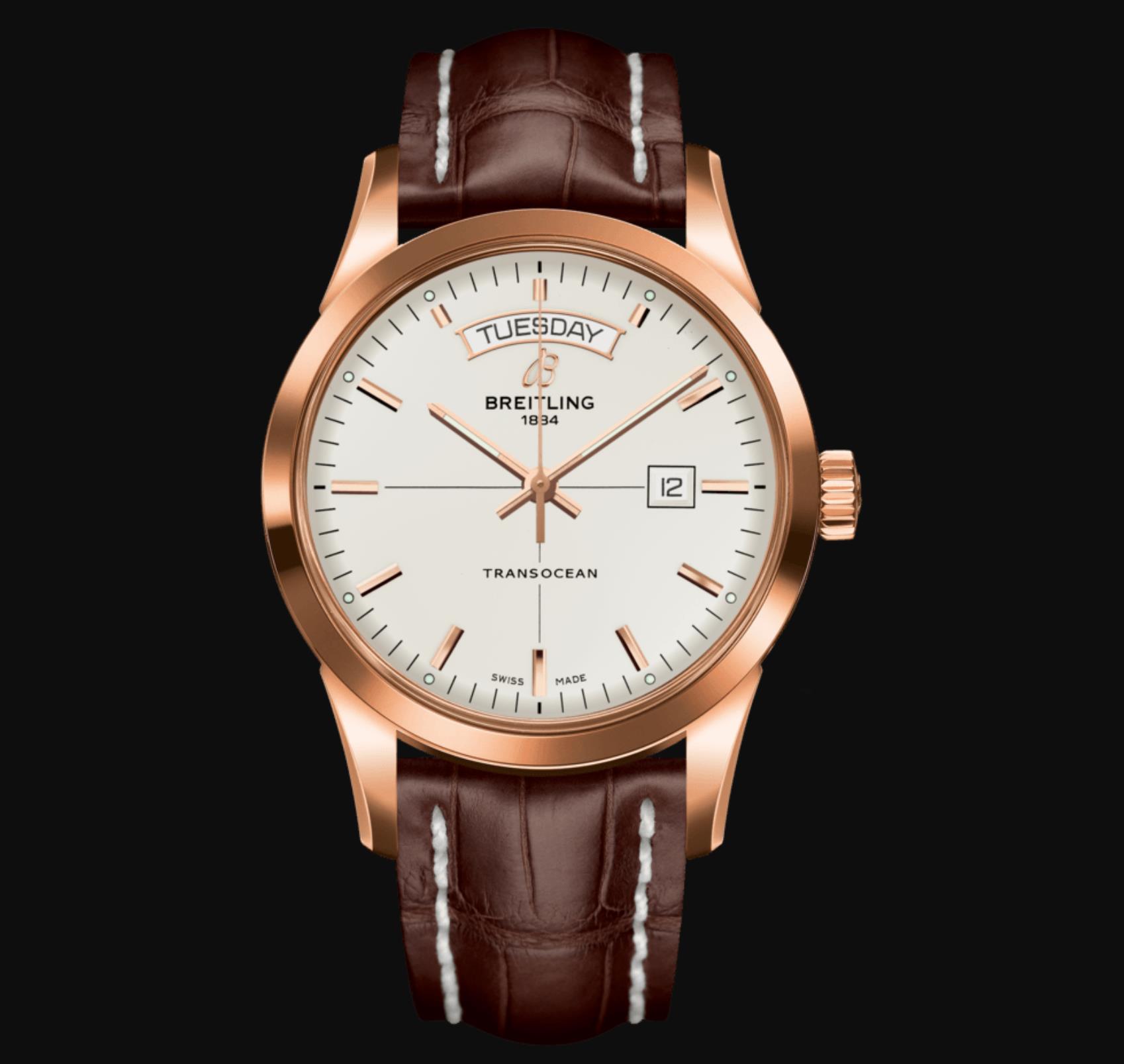 The brown dial fake watch has day window.